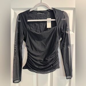 Abercrombie & Fitch Black Ruched Mesh Sleeve Rhinestone Blouse
